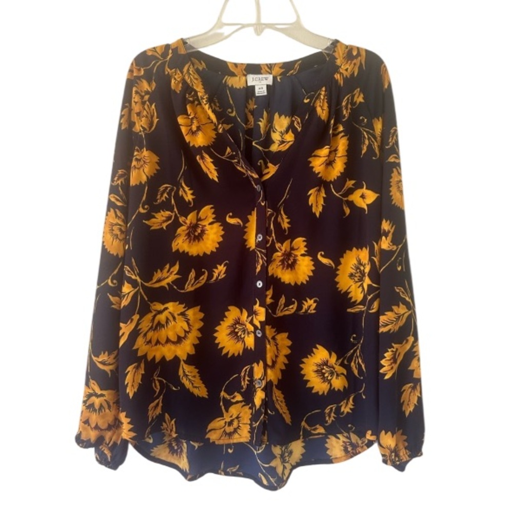J Crew Floral Top blouse XS Navy blue gold long sleeve sunflowers Fall